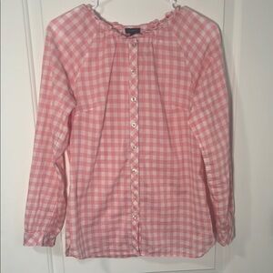 Talbots Pink Gingham Ruffle Neck Button Down Blouse Sz XS